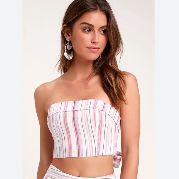 4SI3NNA Daria Striped Tie-Back BOW Strapless Crop Top in Pink Size Small NWOT S - Picture 3 of 12